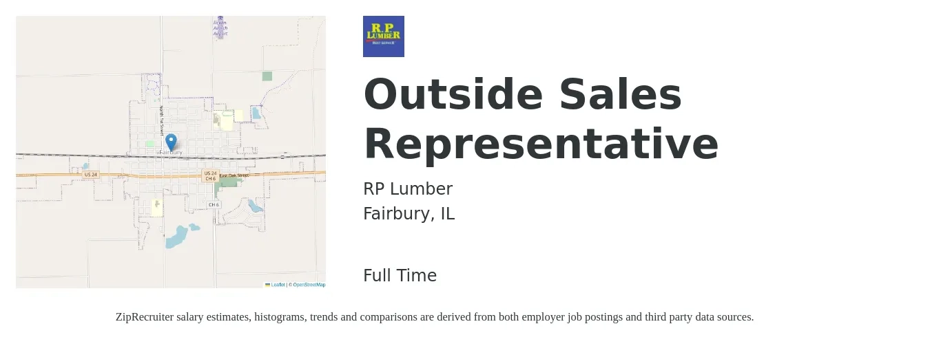 RP Lumber job posting for a Outside Sales Representative in Fairbury, IL with a salary of $51,200 to $87,800 Yearly with a map of Fairbury location.