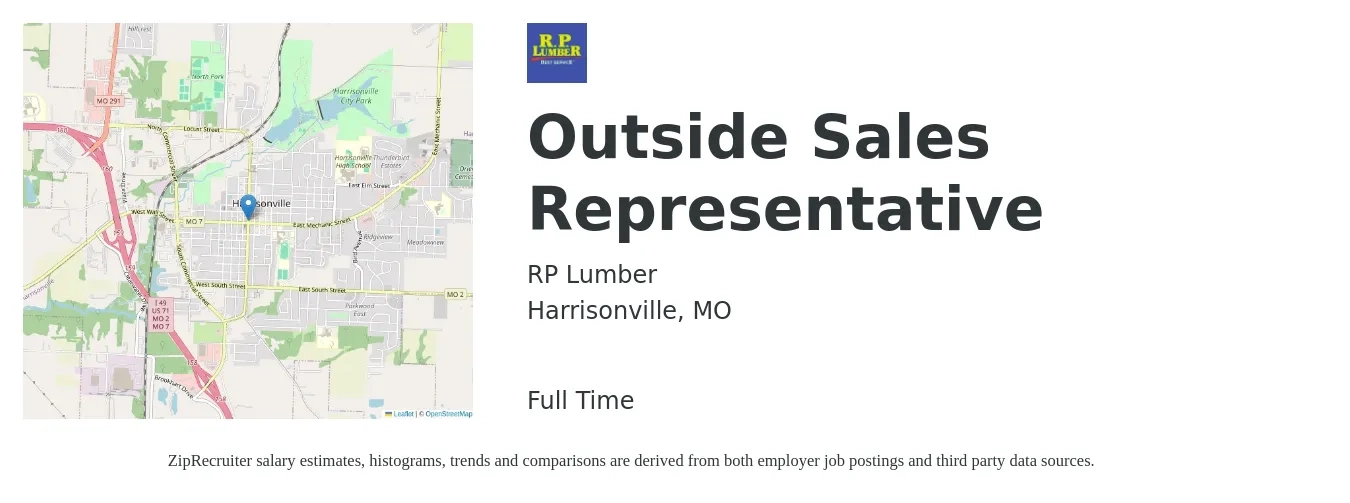 RP Lumber job posting for a Outside Sales Representative in Harrisonville, MO with a salary of $46,400 to $79,600 Yearly with a map of Harrisonville location.