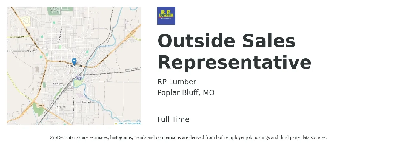 RP Lumber job posting for a Outside Sales Representative in Poplar Bluff, MO with a salary of $46,900 to $80,400 Yearly with a map of Poplar Bluff location.