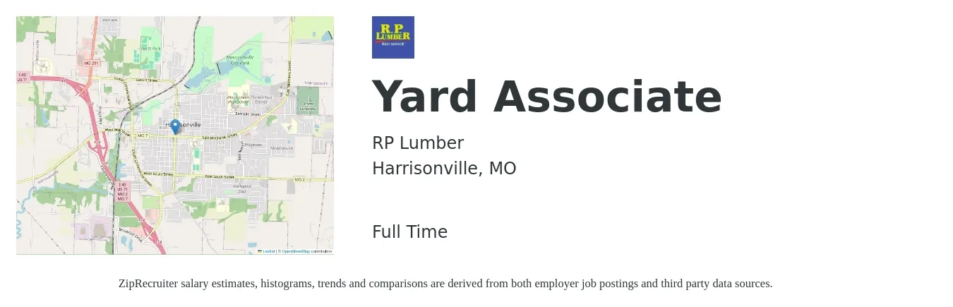 RP Lumber job posting for a Yard Associate in Harrisonville, MO with a salary of $13 to $18 Hourly with a map of Harrisonville location.