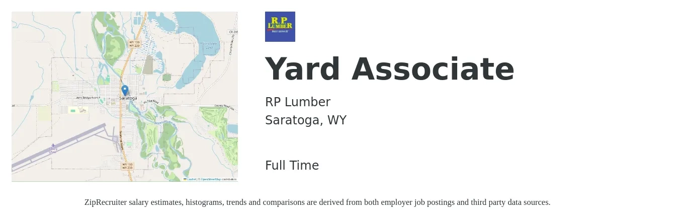 RP Lumber job posting for a Yard Associate in Saratoga, WY with a salary of $14 to $19 Hourly with a map of Saratoga location.