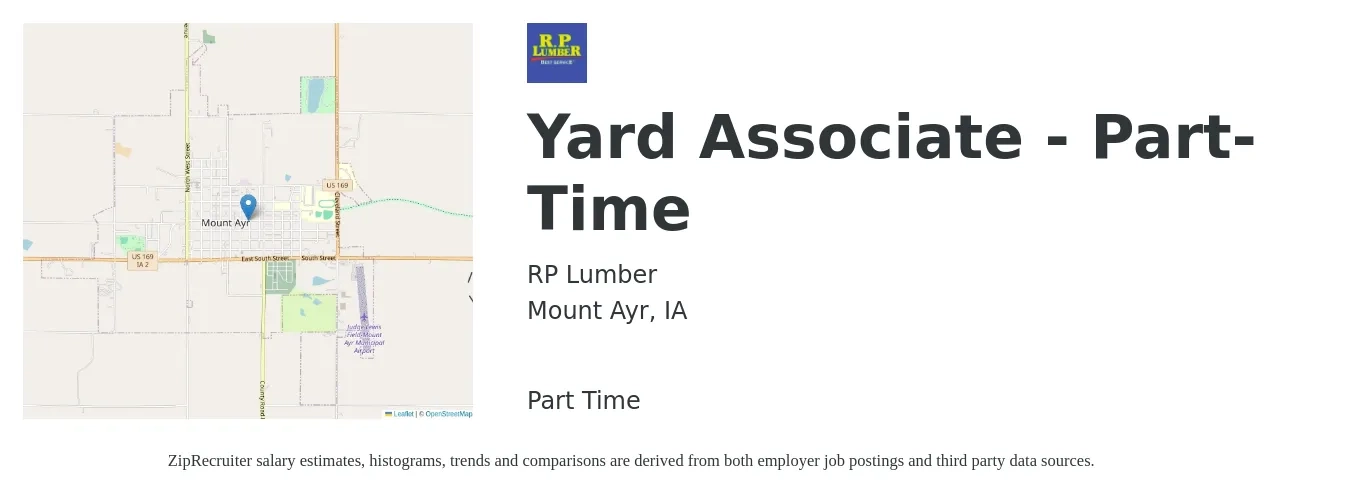 RP Lumber job posting for a Yard Associate - Part-Time in Mount Ayr, IA with a salary of $14 to $19 Hourly with a map of Mount Ayr location.