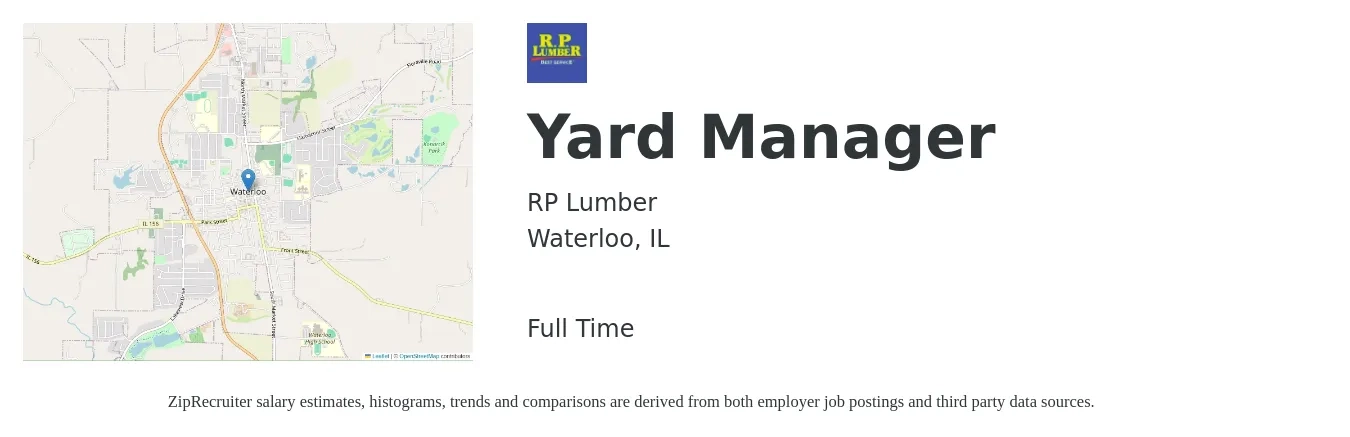 RP Lumber job posting for a Yard Manager in Waterloo, IL with a salary of $19 to $30 Hourly with a map of Waterloo location.