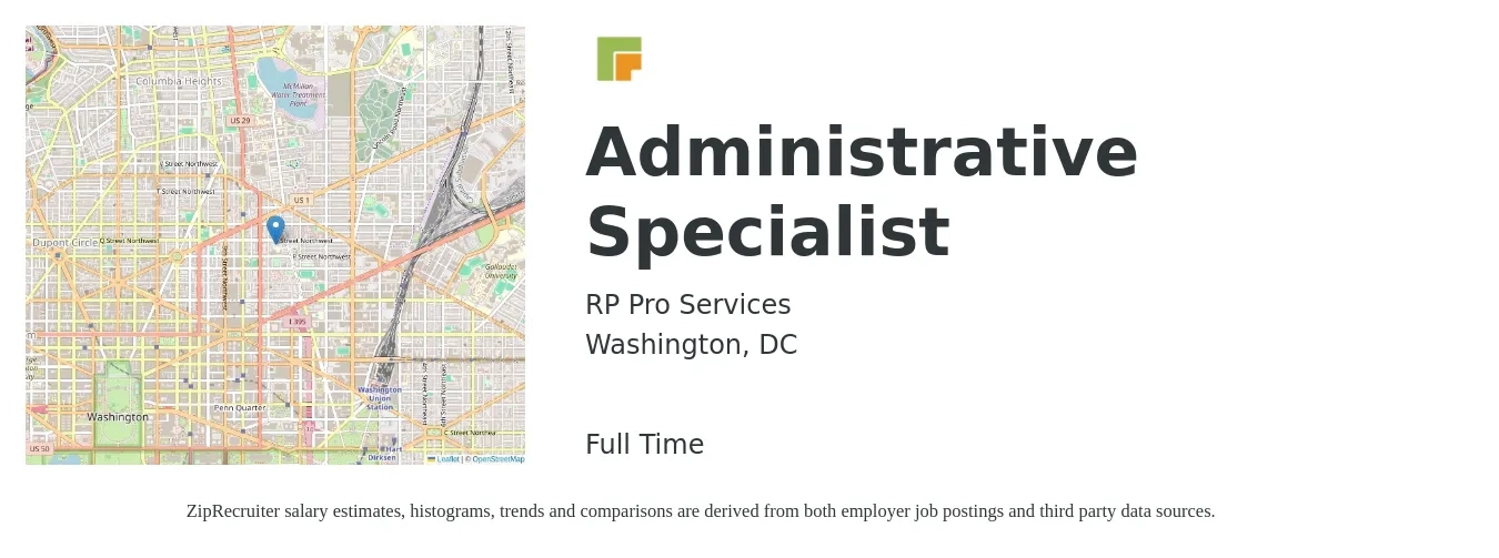 RP Pro Services job posting for a Administrative Specialist in Washington, DC with a salary of $52,700 to $71,400 Yearly with a map of Washington location.