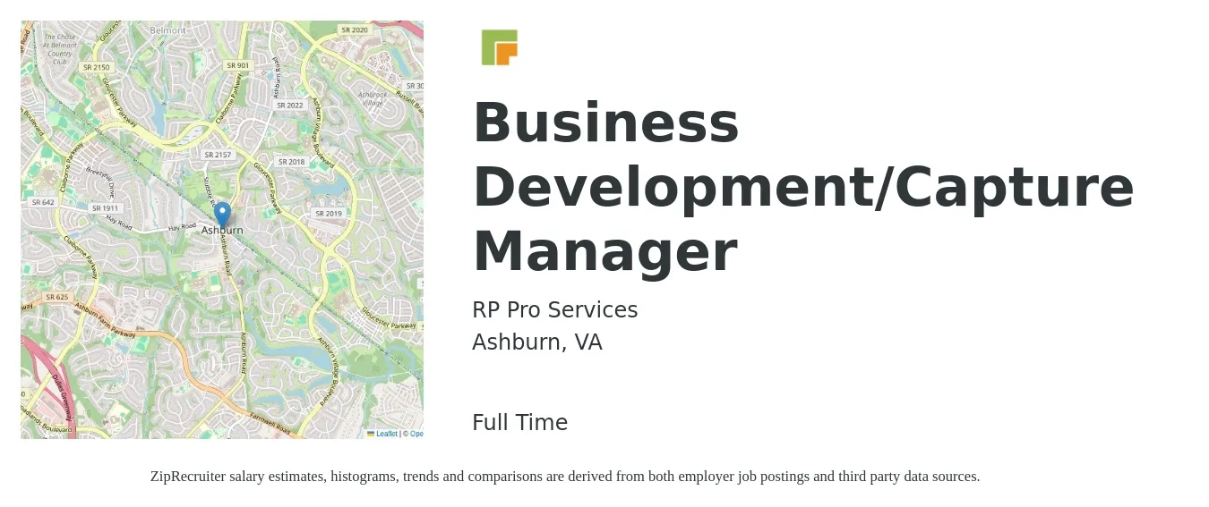 RP Pro Services job posting for a Business Development/Capture Manager in Ashburn, VA with a salary of $62,400 to $102,300 Yearly with a map of Ashburn location.