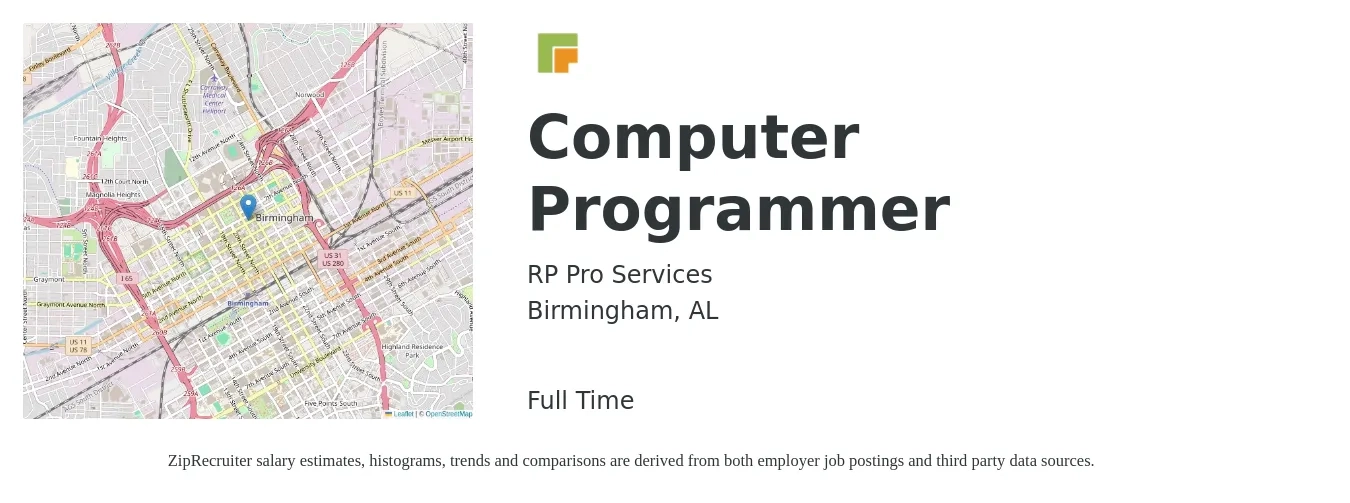 RP Pro Services job posting for a Computer Programmer in Birmingham, AL with a salary of $47,300 to $75,000 Yearly with a map of Birmingham location.