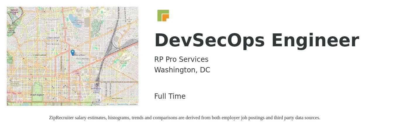 RP Pro Services job posting for a DevSecOps Engineer in Washington, DC with a salary of $125,200 to $186,300 Yearly with a map of Washington location.