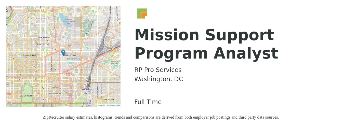 RP Pro Services job posting for a Mission Support Program Analyst in Washington, DC with a salary of $100,000 to $124,000 Yearly with a map of Washington location.