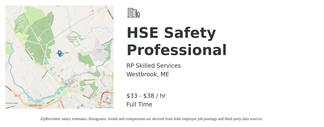 RP Skilled Services job posting for a HSE Safety Professional in Westbrook, ME with a salary of $35 to $40 Hourly with a map of Westbrook location.