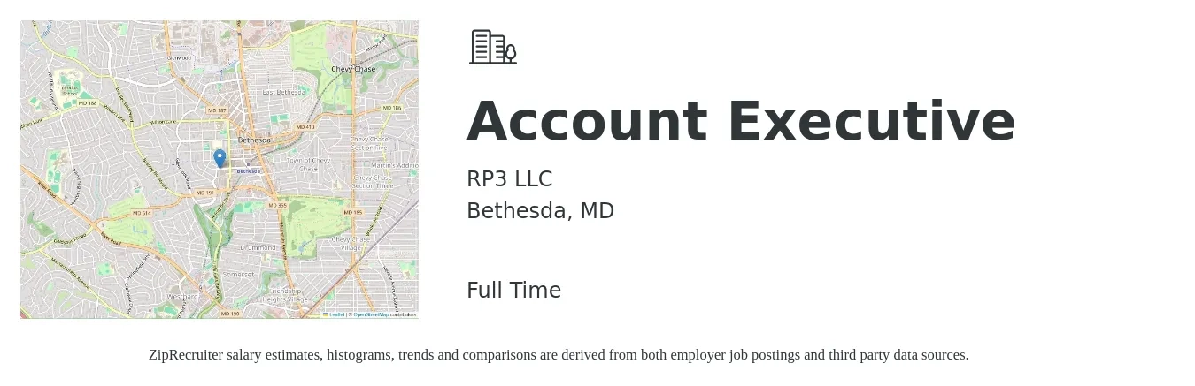 RP3 LLC job posting for a Account Executive in Bethesda, MD with a salary of $57,600 to $101,400 Yearly with a map of Bethesda location.