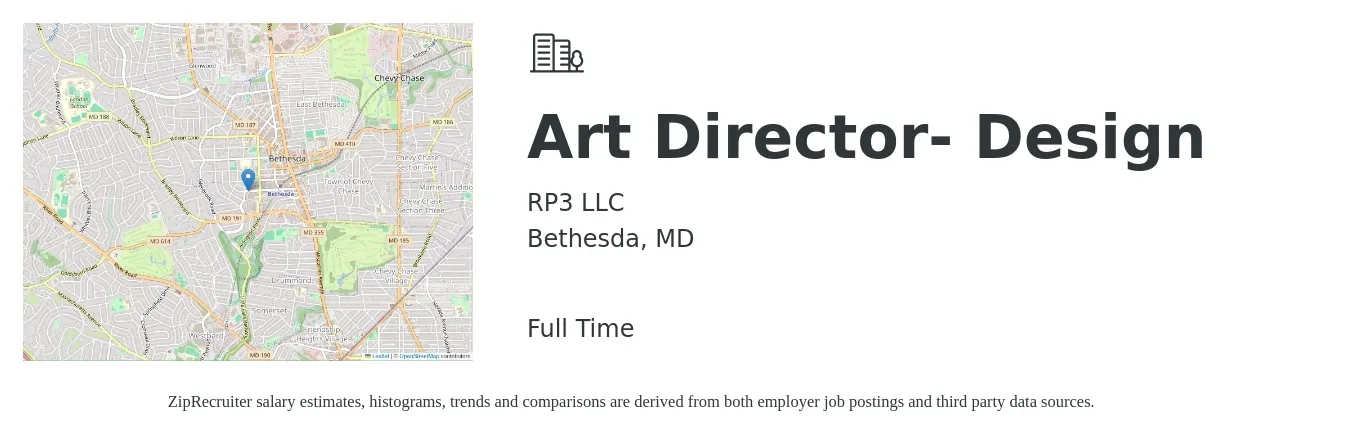 RP3 LLC job posting for a Art Director- Design in Bethesda, MD with a salary of $129,200 to $135,600 Yearly with a map of Bethesda location.