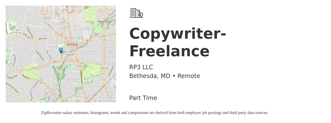 RP3 LLC job posting for a Copywriter- Freelance in Bethesda, MD with a salary of $28 to $41 Hourly with a map of Bethesda location.
