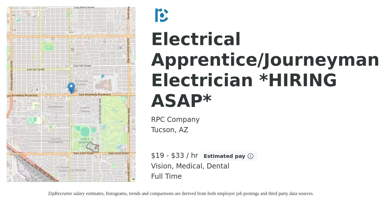 RPC Company job posting for a Electrical Apprentice/Journeyman Electrician *HIRING ASAP* in Tucson, AZ with a salary of $20 to $35 Hourly and benefits including dental, medical, and vision with a map of Tucson location.