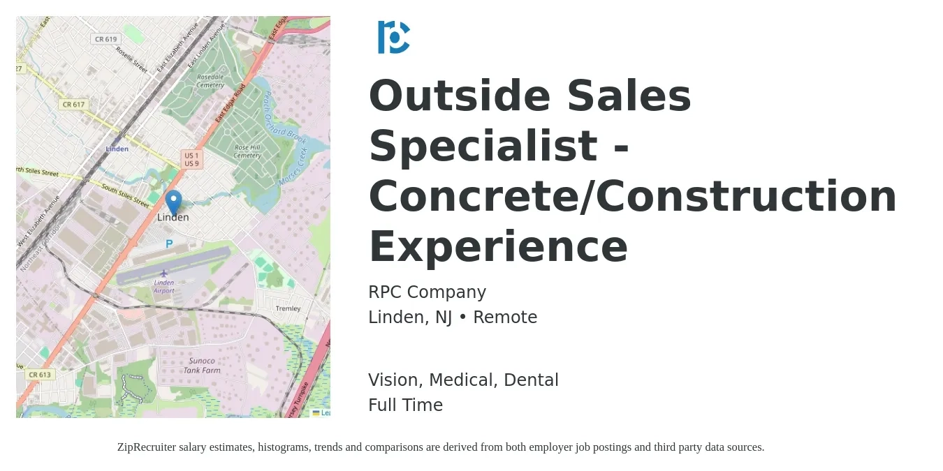 RPC Company job posting for a Outside Sales Specialist - Concrete/Construction Experience in Linden, NJ with a salary of $54,200 to $93,000 Yearly and benefits including dental, life_insurance, medical, pto, and vision with a map of Linden location.