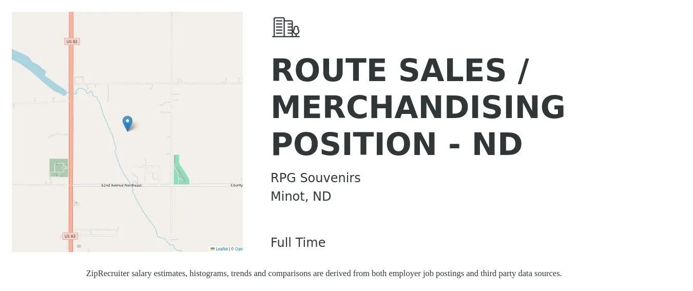 RPG Souvenirs job posting for a ROUTE SALES / MERCHANDISING POSITION - ND in Minot, ND with a salary of $44,100 to $56,500 Yearly with a map of Minot location.