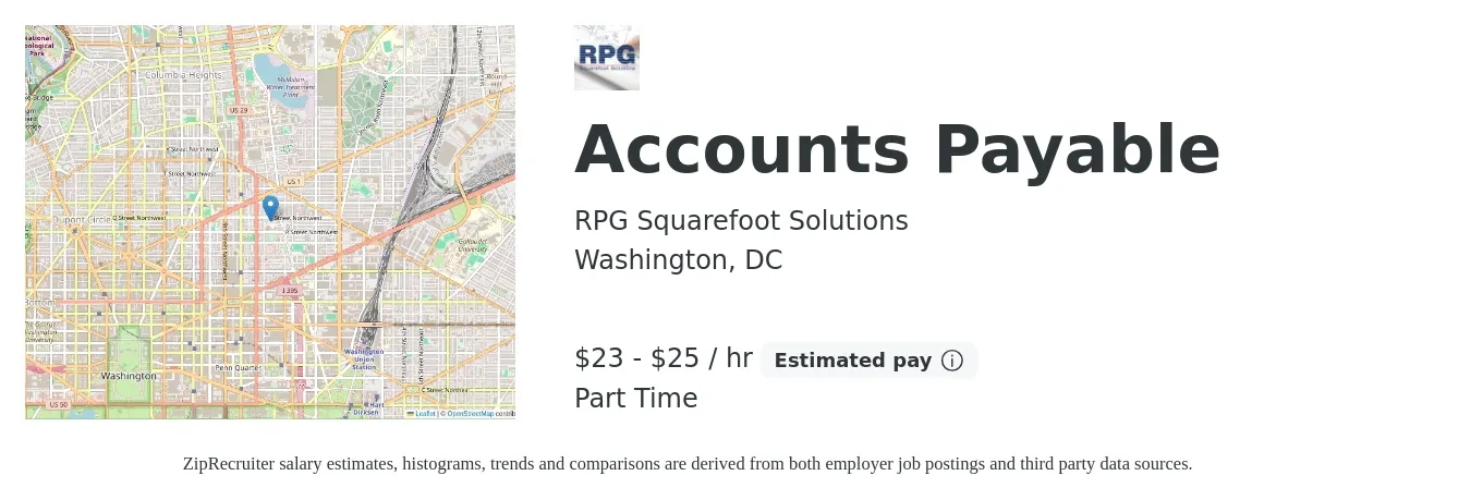 RPG Squarefoot Solutions job posting for a Accounts Payable in Washington, DC with a salary of $24 to $26 Hourly with a map of Washington location.