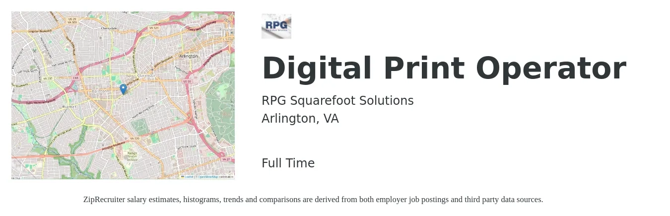 RPG Squarefoot Solutions job posting for a Digital Print Operator in Arlington, VA with a salary of $17 to $19 Hourly with a map of Arlington location.