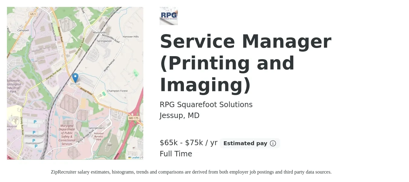 RPG Squarefoot Solutions job posting for a Service Manager (Printing and Imaging) in Jessup, MD with a salary of $65,000 to $75,000 Yearly with a map of Jessup location.