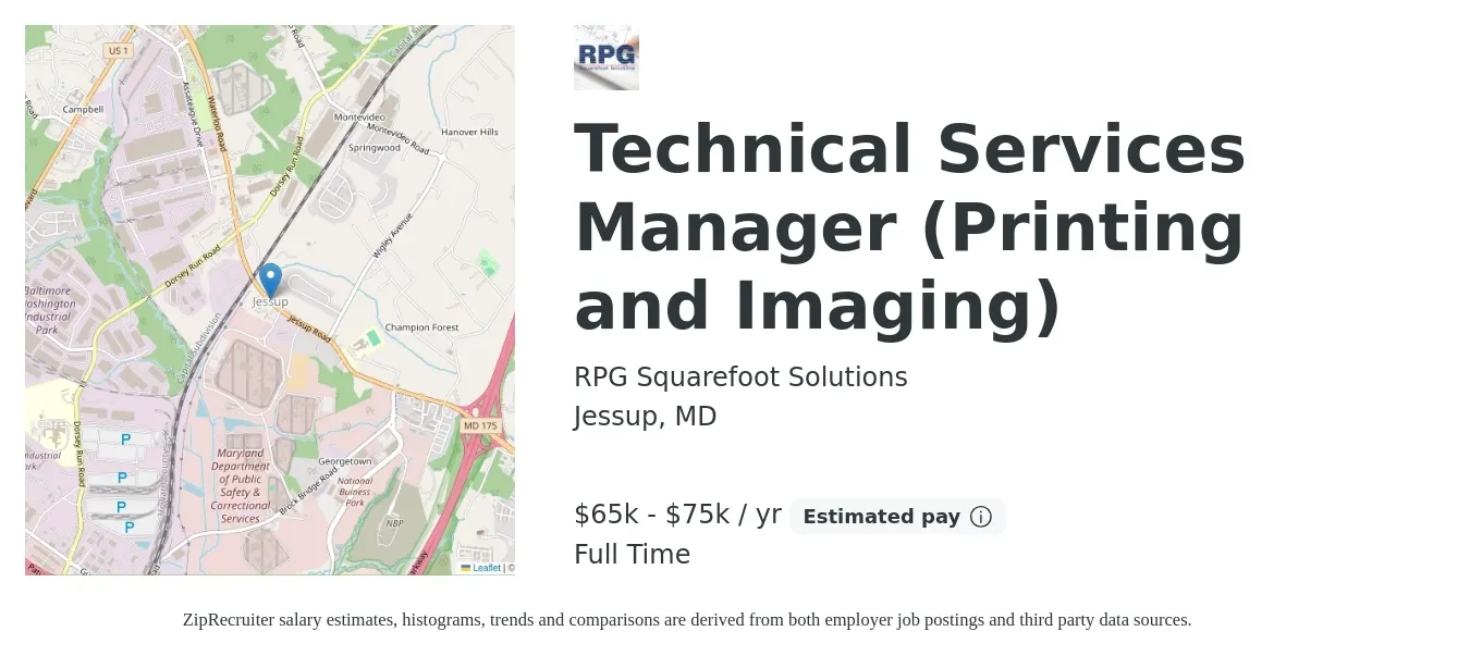 RPG Squarefoot Solutions job posting for a Technical Services Manager (Printing and Imaging) in Jessup, MD with a salary of $65,000 to $75,000 Yearly with a map of Jessup location.