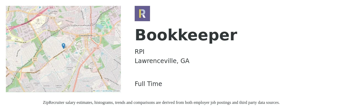 RPI job posting for a Bookkeeper in Lawrenceville, GA with a salary of $19 to $26 Hourly with a map of Lawrenceville location.