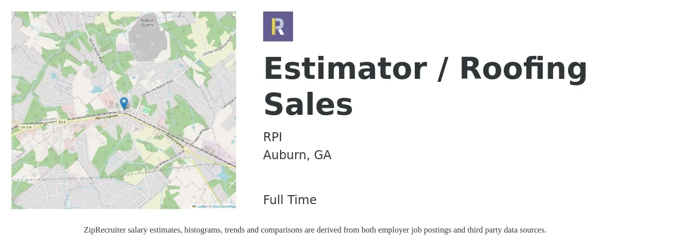 RPI job posting for a Estimator / Roofing Sales in Auburn, GA with a salary of $43,900 to $63,800 Yearly with a map of Auburn location.