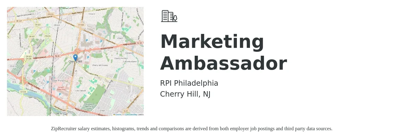 RPI Philadelphia job posting for a Marketing Ambassador in Cherry Hill, NJ with a salary of $13 to $21 Hourly with a map of Cherry Hill location.