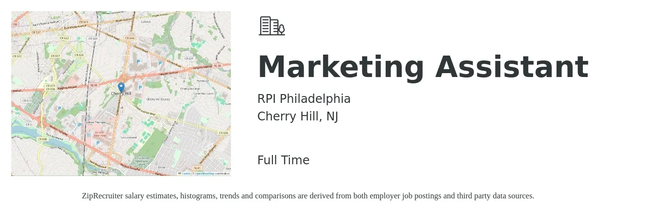 RPI Philadelphia job posting for a Marketing Assistant in Cherry Hill, NJ with a salary of $39,500 to $49,900 Yearly with a map of Cherry Hill location.