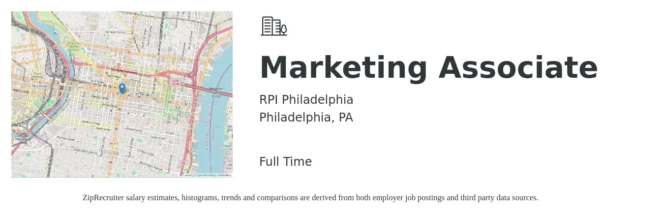 RPI Philadelphia job posting for a Marketing Associate in Philadelphia, PA with a salary of $42,400 to $58,500 Yearly with a map of Philadelphia location.
