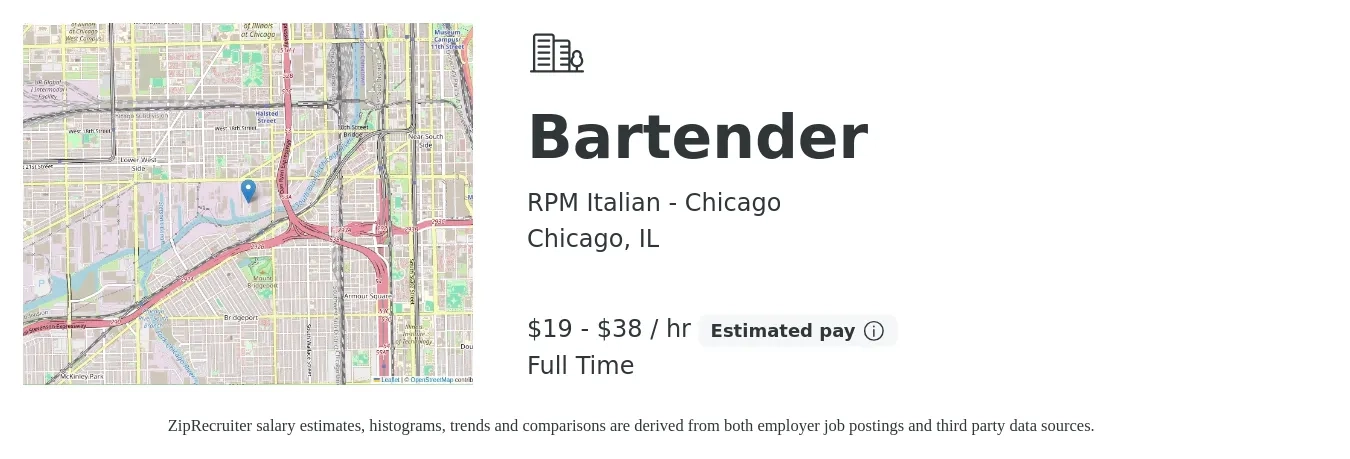 RPM Italian - Chicago job posting for a Bartender in Chicago, IL with a salary of $20 to $40 Hourly with a map of Chicago location.