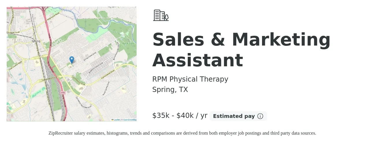 RPM Physical Therapy job posting for a Sales & Marketing Assistant in Spring, TX with a salary of $35,000 to $40,000 Yearly with a map of Spring location.