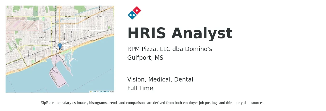 RPM Pizza, LLC dba Domino's job posting for a HRIS Analyst in Gulfport, MS with a salary of $69,100 to $106,500 Yearly and benefits including dental, life_insurance, medical, pto, retirement, and vision with a map of Gulfport location.
