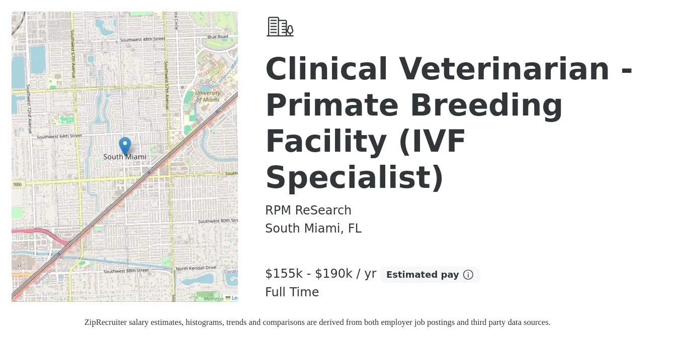 RPM ReSearch job posting for a Clinical Veterinarian - Primate Breeding Facility (IVF Specialist) in South Miami, FL with a salary of $155,000 to $190,000 Yearly with a map of South Miami location.