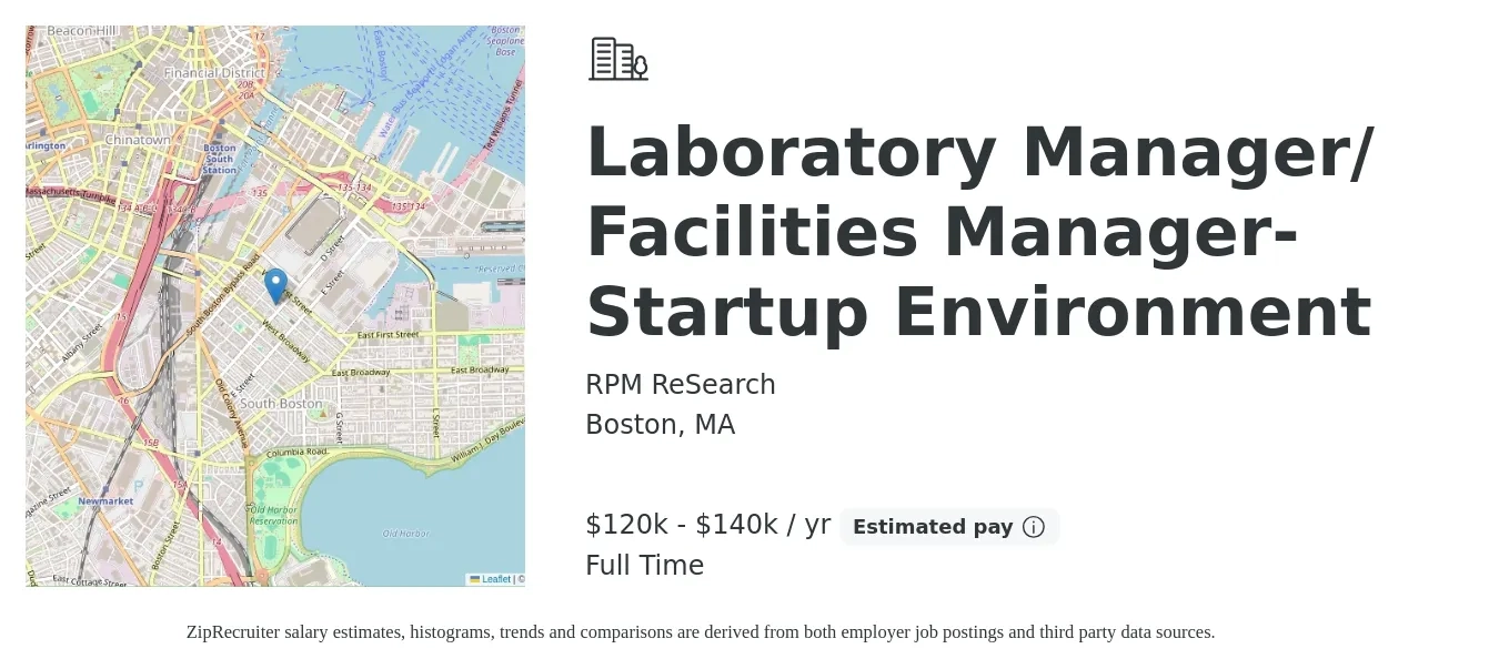 RPM ReSearch job posting for a Laboratory Manager/ Facilities Manager- Startup Environment in Boston, MA with a salary of $120,000 to $140,000 Yearly with a map of Boston location.