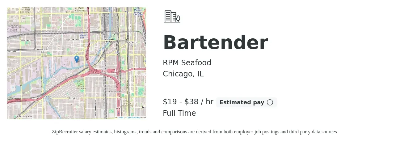 RPM Seafood job posting for a Bartender in Chicago, IL with a salary of $20 to $40 Hourly with a map of Chicago location.