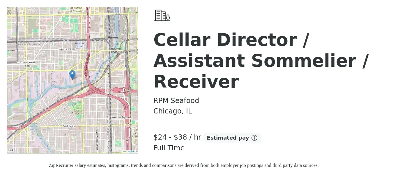 RPM Seafood job posting for a Cellar Director / Assistant Sommelier / Receiver in Chicago, IL with a salary of $25 to $40 Hourly with a map of Chicago location.