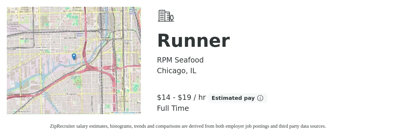RPM Seafood job posting for a Runner in Chicago, IL with a salary of $15 to $20 Hourly with a map of Chicago location.