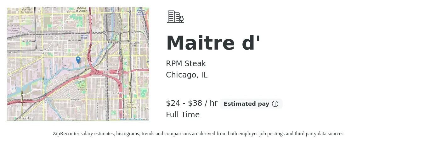 RPM Steak job posting for a Maitre d' in Chicago, IL with a salary of $25 to $40 Hourly with a map of Chicago location.