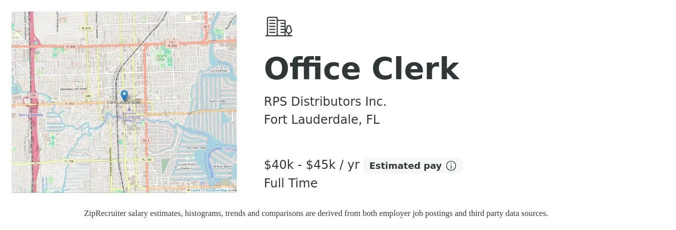 RPS Distributors Inc. job posting for a Office Clerk in Fort Lauderdale, FL with a salary of $40,000 to $45,000 Yearly with a map of Fort Lauderdale location.