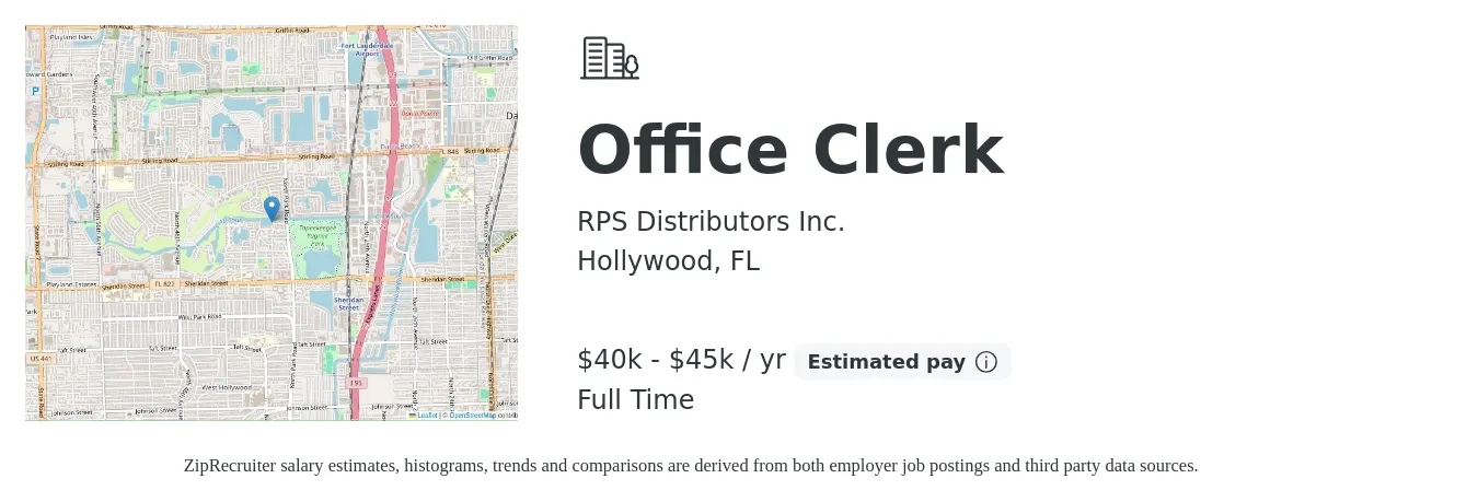 RPS Distributors Inc. job posting for a Office Clerk in Hollywood, FL with a salary of $40,000 to $45,000 Yearly with a map of Hollywood location.
