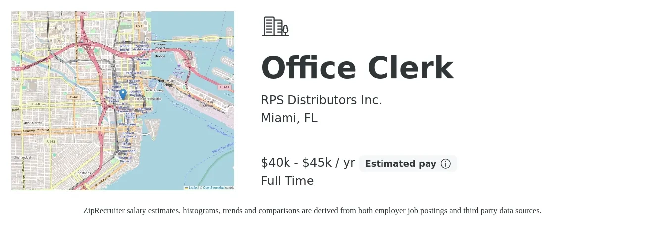 RPS Distributors Inc. job posting for a Office Clerk in Miami, FL with a salary of $40,000 to $45,000 Yearly with a map of Miami location.