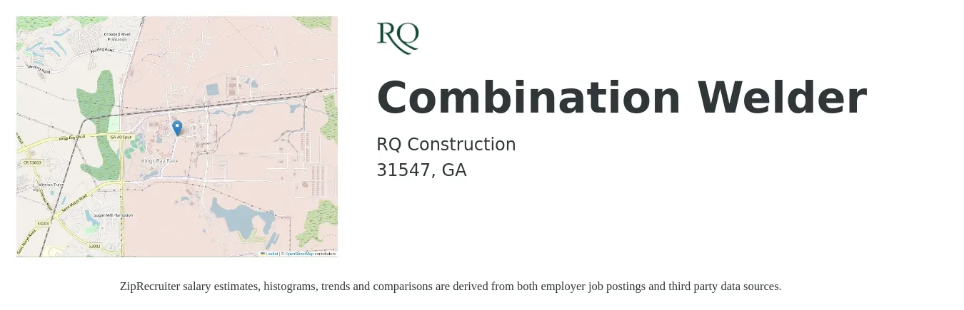 RQ Construction job posting for a Combination Welder in 31547, GA with a salary of $24 to $46 Hourly with a map of 31547 location.