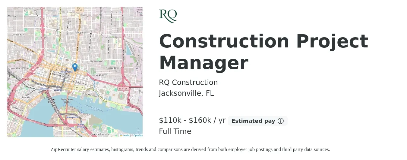 RQ Construction job posting for a Construction Project Manager in Jacksonville, FL with a salary of $110,000 to $160,000 Yearly with a map of Jacksonville location.