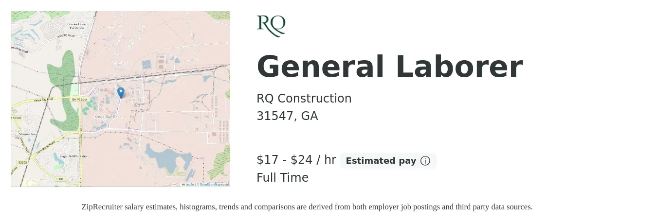 RQ Construction job posting for a General Laborer in 31547, GA with a salary of $18 to $22 Hourly with a map of 31547 location.