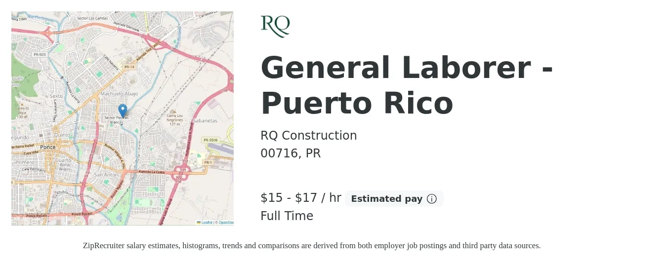 RQ Construction job posting for a General Laborer - Puerto Rico in 00716, PR with a salary of $16 to $18 Hourly with a map of 00716 location.