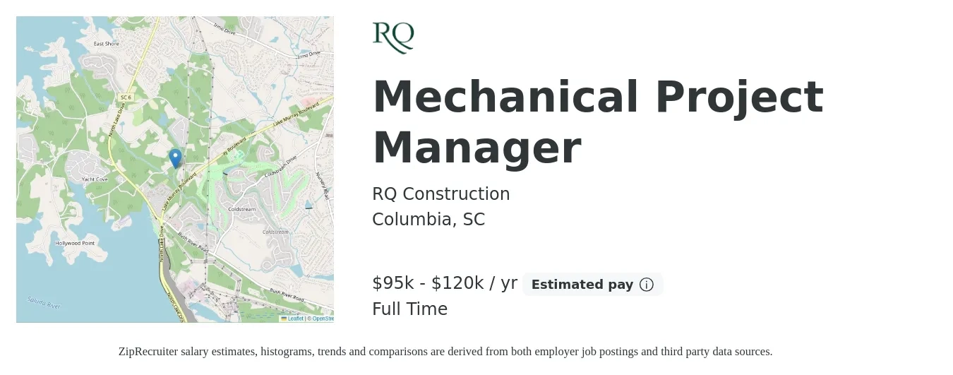 RQ Construction job posting for a Mechanical Project Manager in Columbia, SC with a salary of $95,000 to $120,000 Yearly with a map of Columbia location.