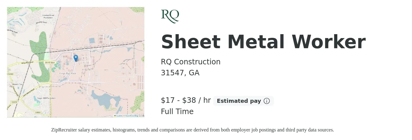 RQ Construction job posting for a Sheet Metal Worker in 31547, GA with a salary of $18 to $40 Hourly with a map of 31547 location.