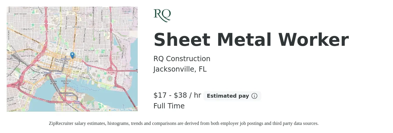 RQ Construction job posting for a Sheet Metal Worker in Jacksonville, FL with a salary of $18 to $40 Hourly with a map of Jacksonville location.