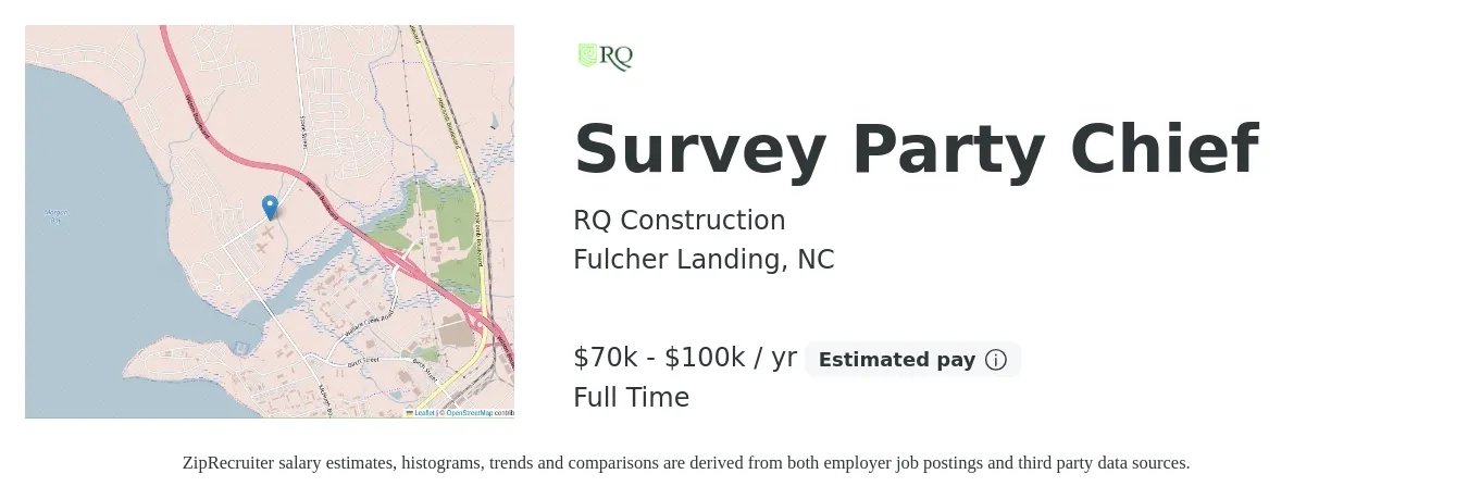 RQ Construction job posting for a Survey Party Chief in Fulcher Landing, NC with a salary of $70,000 to $100,000 Yearly with a map of Fulcher Landing location.