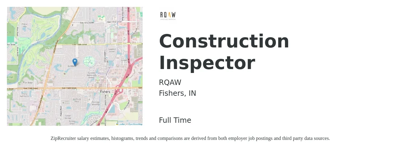 RQAW Corporation job posting for a Construction Inspector in Fishers, IN with a salary of $46,600 to $73,400 Yearly with a map of Fishers location.
