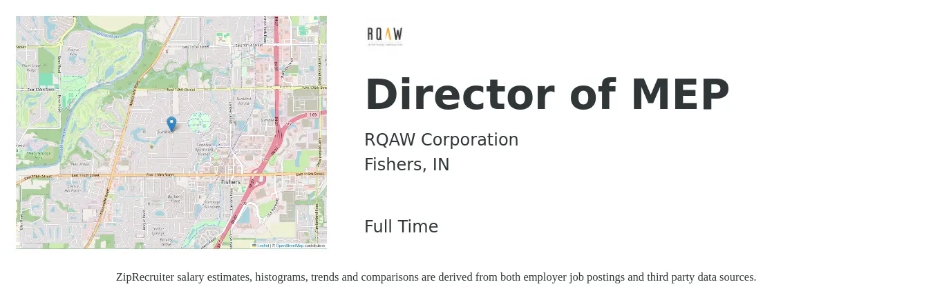 RQAW Corporation job posting for a Director of MEP in Fishers, IN with a salary of $88,000 to $152,500 Yearly with a map of Fishers location.